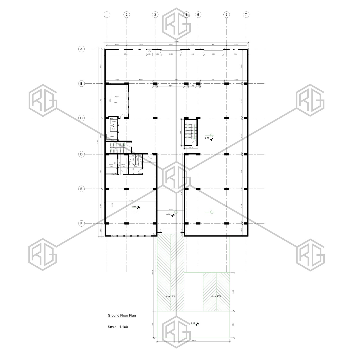 پلان اندازه گذاری طبقه همکف مجتمع مسکونی پرستوی عظیمیه کرج