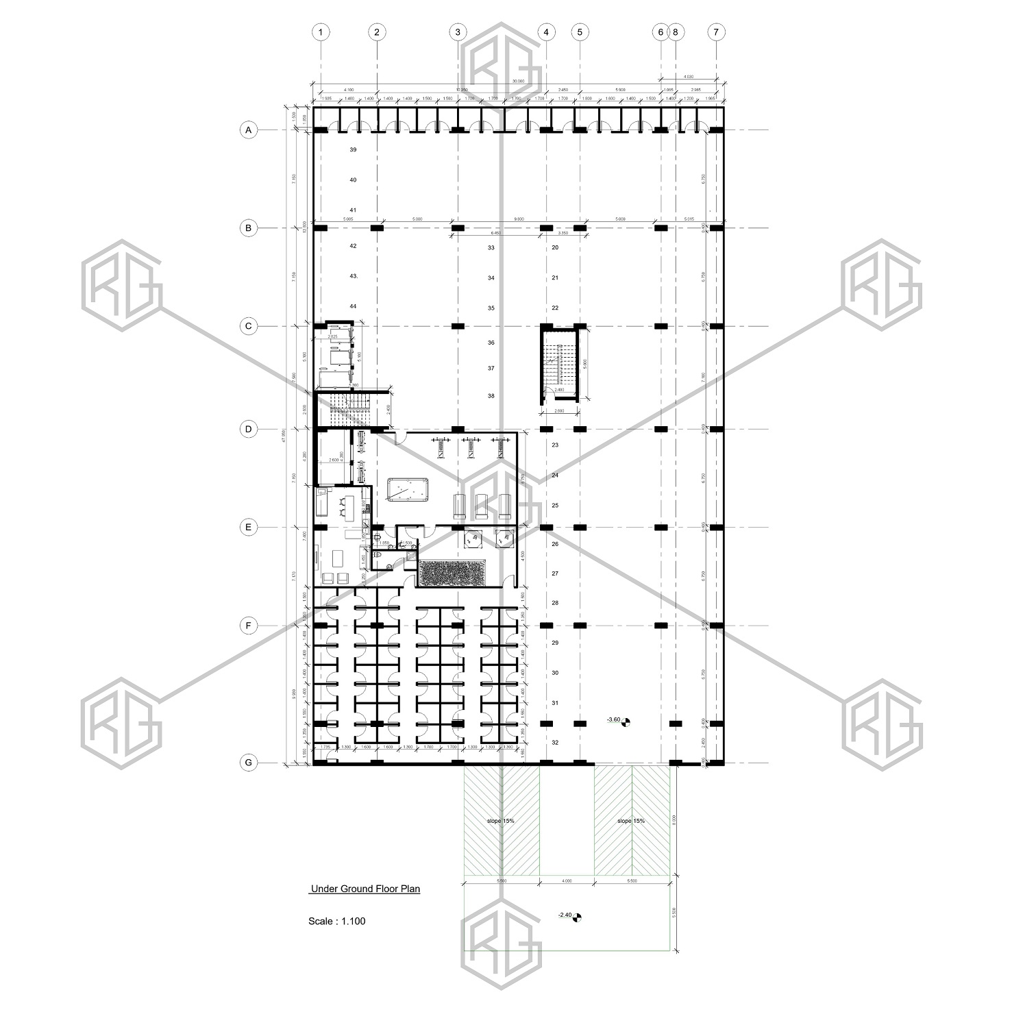 پلان اندازه گذاری طبقه زیر زمین مجتمع مسکونی پرستوی عظیمیه کرج